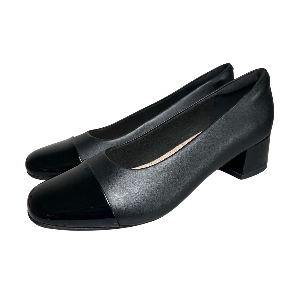 Clarks Collection Black Patent Cap Toe Block Heel Pumps 8.5 M Preppy Office